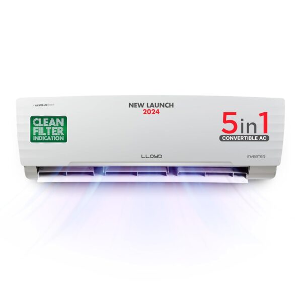 Lloyd 1.5 Ton 5 Star Inverter Split AC (5 in 1 Convertible, Anti Corrosion Coating, Copper, PM 2.5 Filter, 2024 Model, White with Chrome Deco Strip, GLS18I5FWBEW)